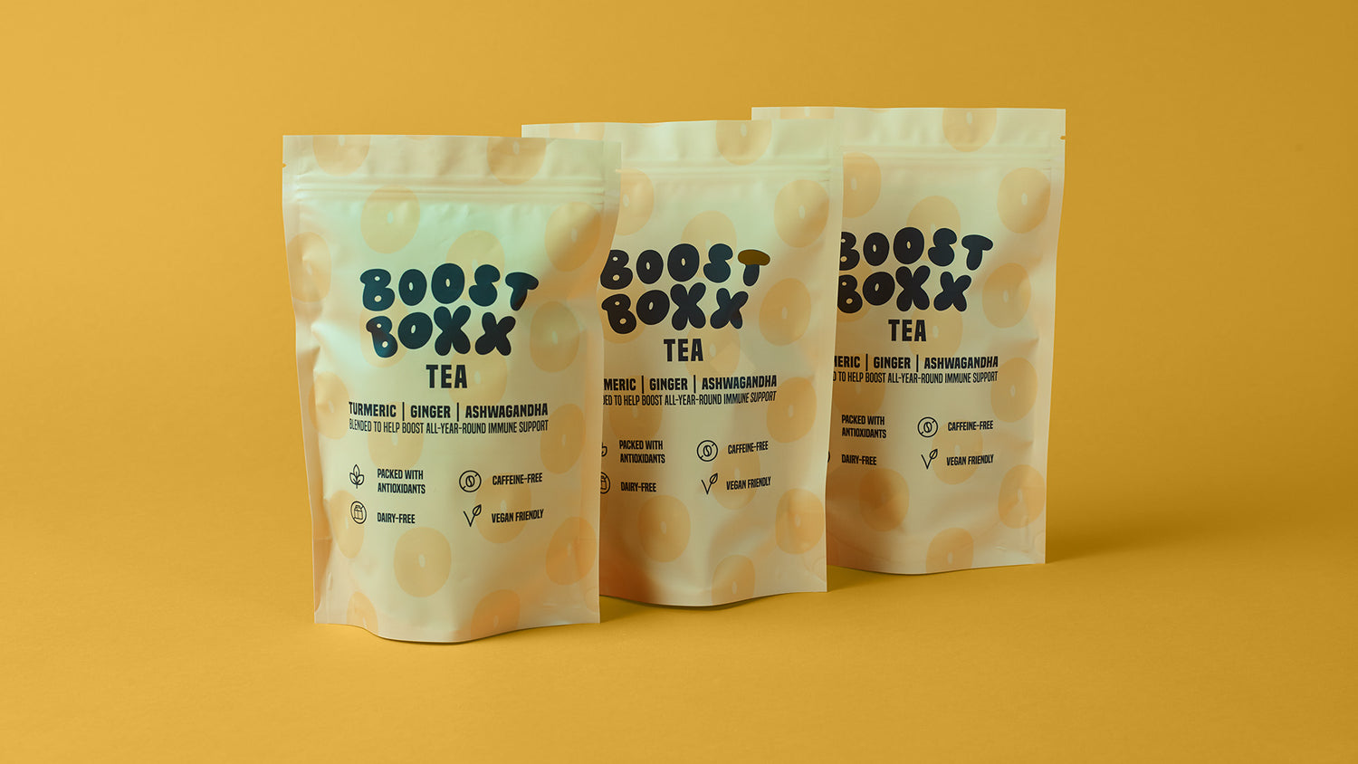 Boost Boxx turmeric, ginger and ashwagandha tea pouches stacked side by side, turmeric tea subscription product image