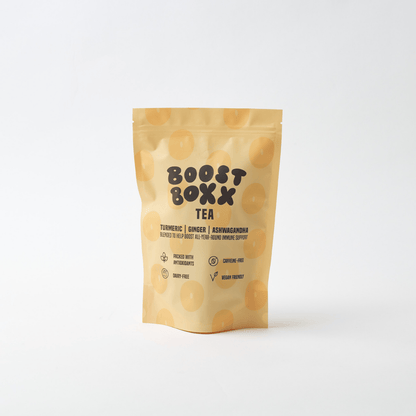 Single pouch of turmeric tea bags with ginger and ashwagandha